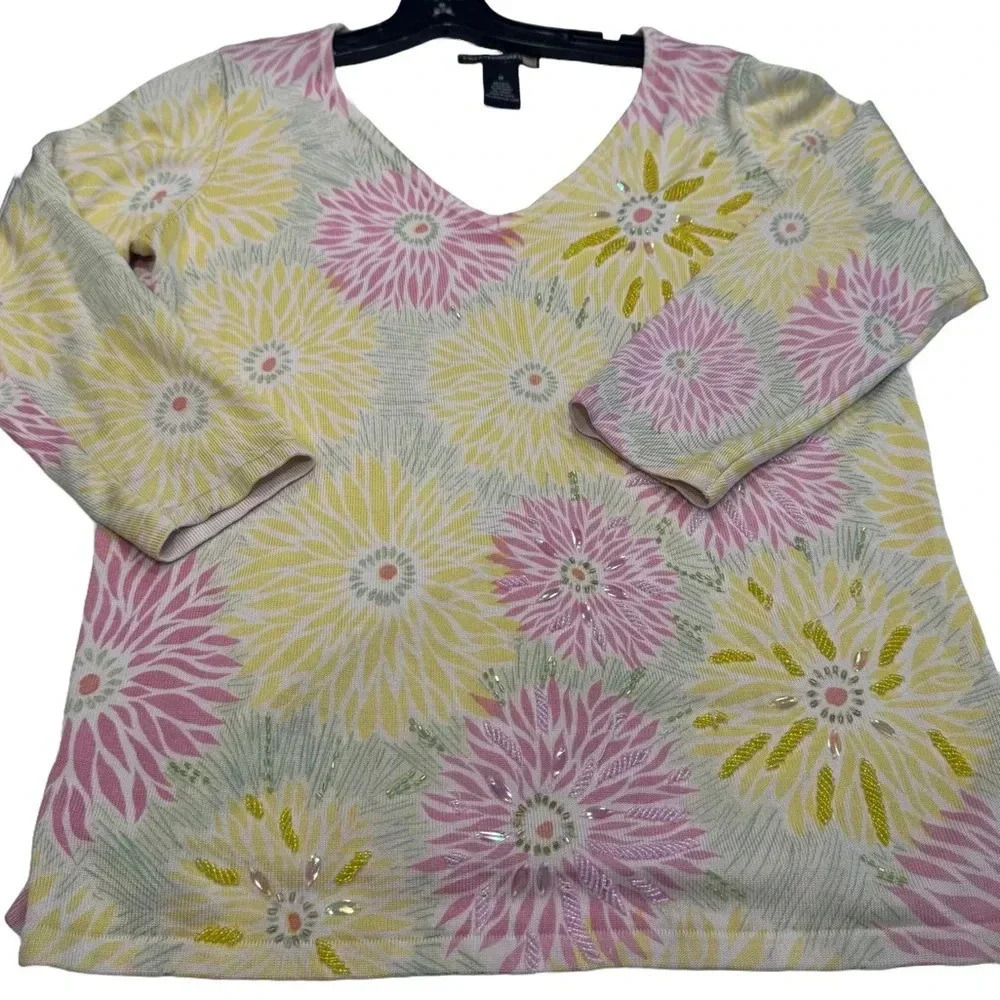 Sweaterworks  Women’s Floral Beaded Silk Sweater Multi Color Sz Medium